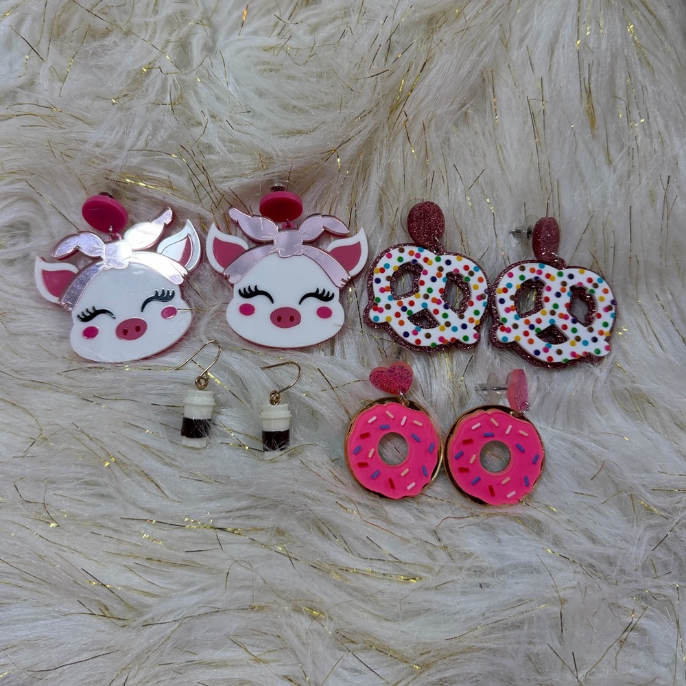 Set of 4 acrylic earrings: pink pig, coffee cup, donut, and pretzel kawaii